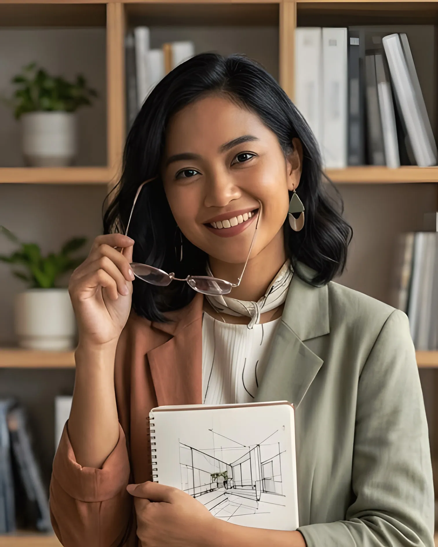 Kinan tersenyum sambil memegang kacamata dan buku berisi sketsa perspektif ruang